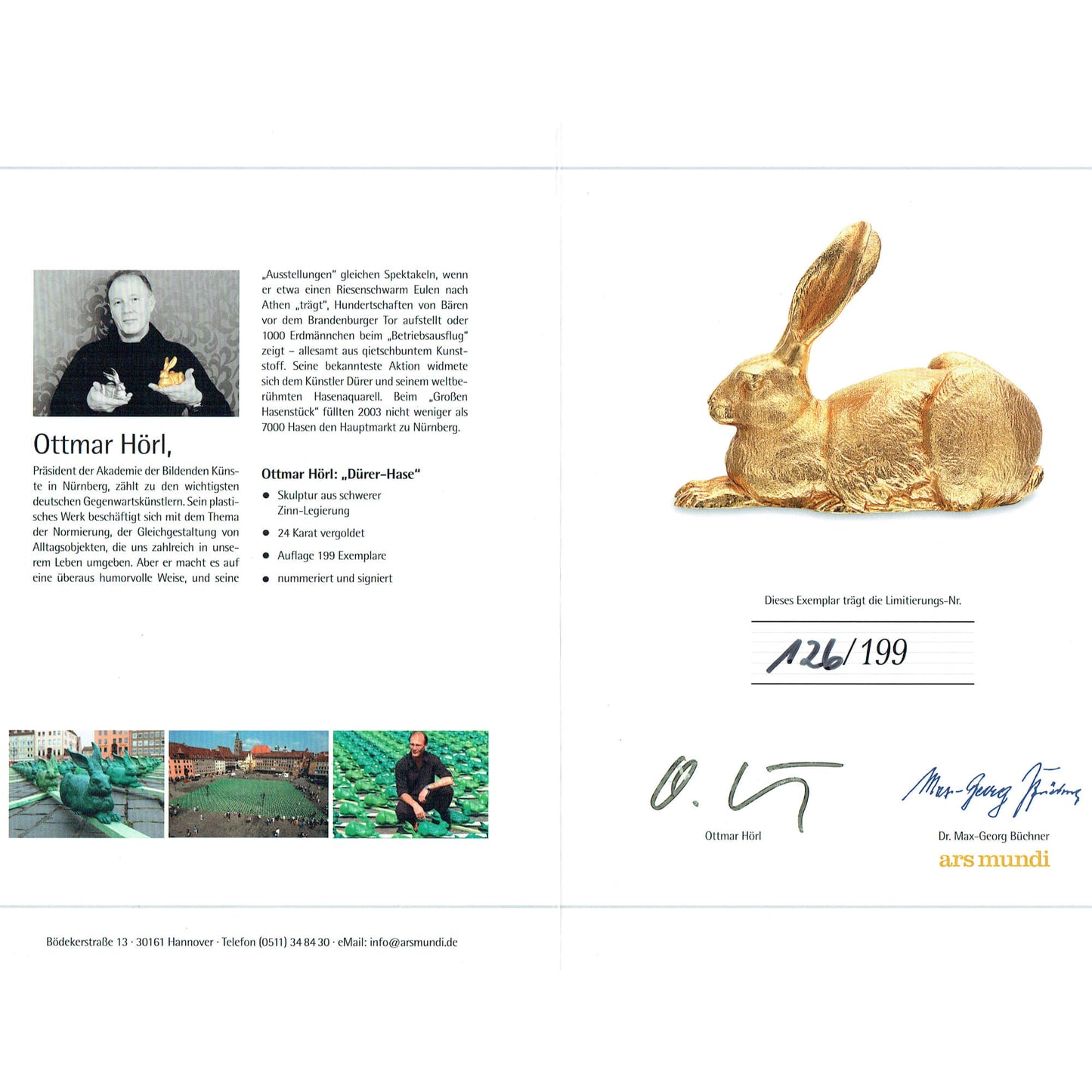 Tin sculpture "Albrecht Dürer Hare" 24 carat gold-plated, limited edition, by Ottmar Hörl