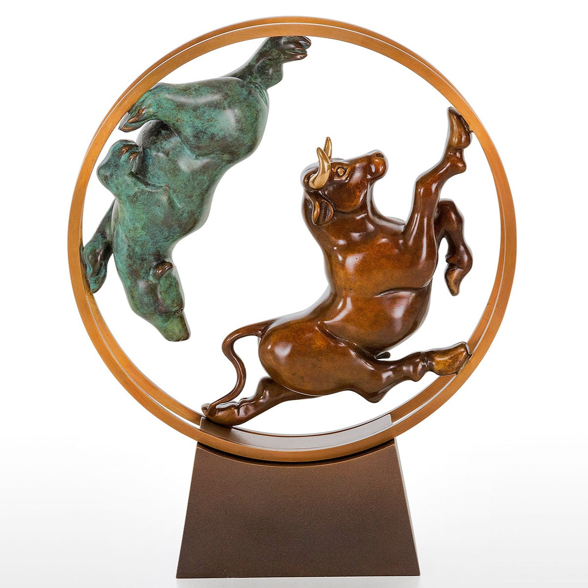 Bronzeskulptur "Bulle & Bär im Rad" von Jagna Weber