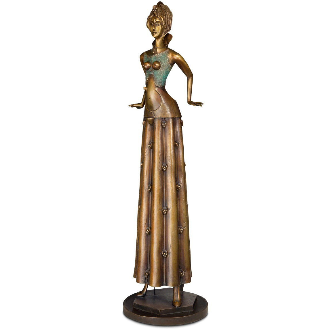 Schräge Frontansicht der Bronzeskulptur "Tänzerin im Blumenkleid"